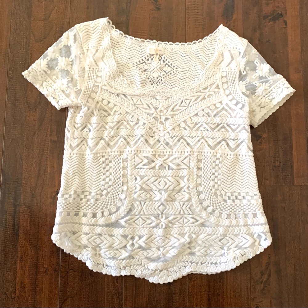 Anthro Meadow Rue Embroidered Mesh Cream Lace Top SZ- S - Picture 2 of 9